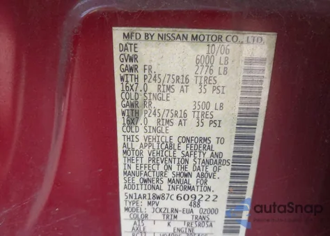 2007 Nissan Pathfinder S z USA, uszkodzony, nr VIN 5N1AR18W87C609222